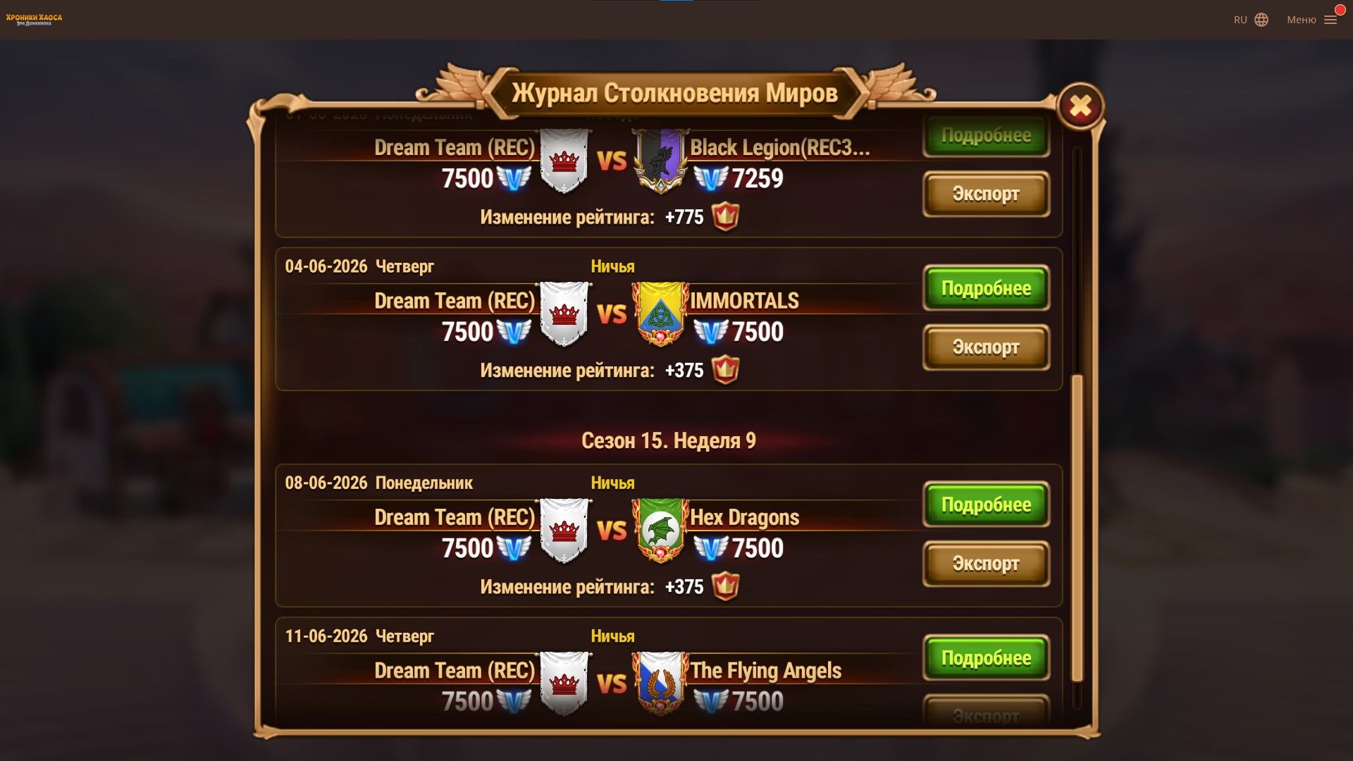 Dream Team 156 server CoW results (always 7500 points)